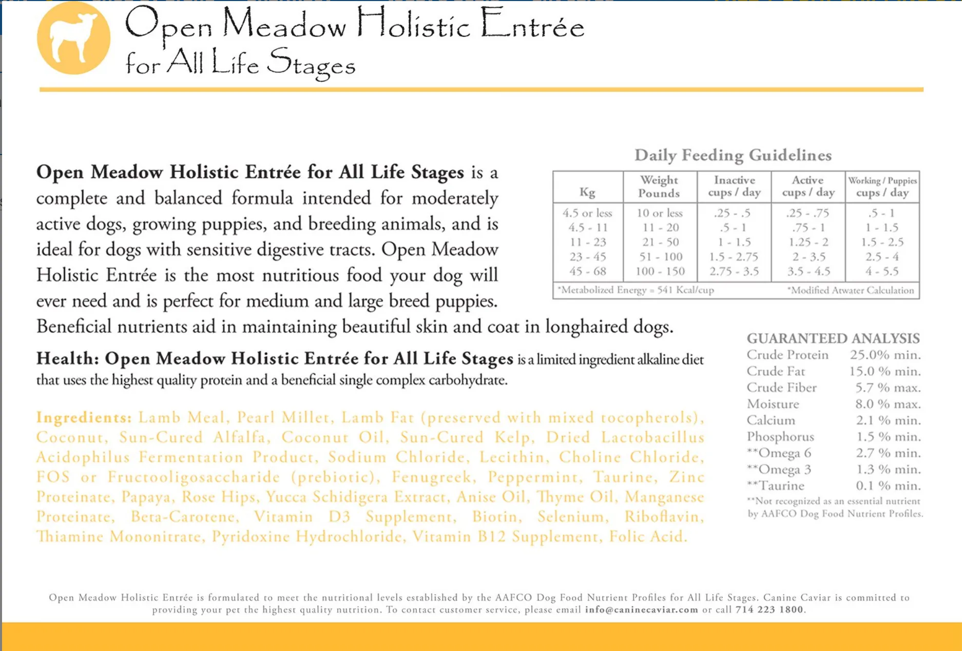 Canine Caviar Open Meadow Dog Food (Lamb & Pearl Millet)