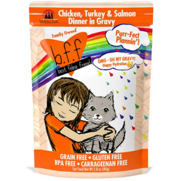 Weruva BFF OMG Chicken, Turkey & Salmon Purr-Fect Plannin'! Dinner in Gravy Wet Cat Food Pouches 2.8 oz